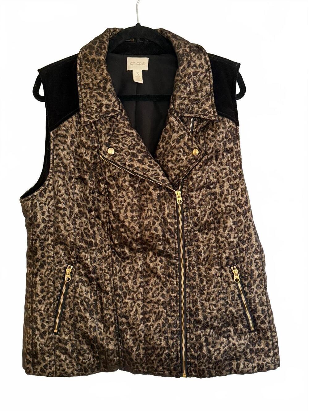 Chico's Size 3 XL Leopard Moto Vest Metallic Gold Thread Animal Print Zip